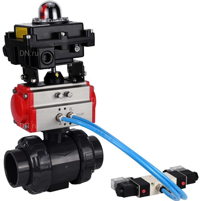 Кран шаровой BV4242E-FP-GRM-ISO Дн15 Ру10 полнопроходной, корпус - НПВХ, шар - НПВХ, уплотнение - EPDM, с пневмоприводом PA-DA-052, пневмораспределителем 4V320-08 AC220V и БКВ APL-410N EX в Хабаровске
