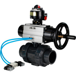 Кран шаровой BV4242E-FP-GRM-ISO Дн20 Ру10 полнопроходной, корпус - НПВХ, шар - НПВХ, уплотнение - EPDM, с пневмоприводом PA-DA-105-1, пневмораспределителем 4V320-10 AC220V и БКВ APL-510N EX
