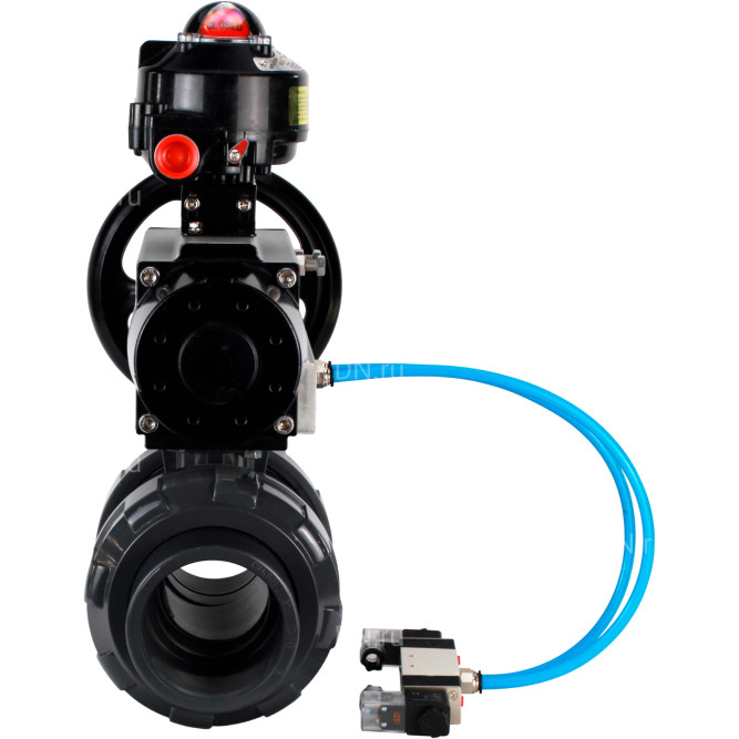 Кран шаровой BV4242E-FP-GRM-ISO Дн20 Ру10 полнопроходной, корпус - НПВХ, шар - НПВХ, уплотнение - EPDM, с пневмоприводом PA-DA-105-1, пневмораспределителем 4V320-10 AC220V и БКВ APL-510N EX в Хабаровске
