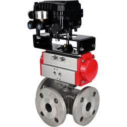 Кран шаровой BV3232P(4pc)-FP-3WL-F Ду65 Ру16 полнопроходной трехходовой, фланцевый, корпус - нержавеющая сталь SS316, с пневмоприводом PA-DA-083 двойного действия и пневмопозиционером YT-1000RSN без обратной связи