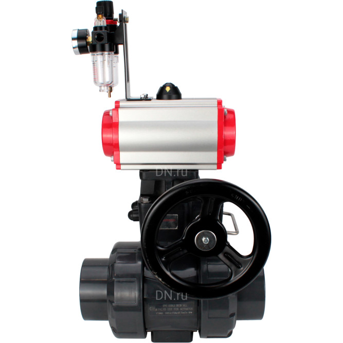 Кран шаровой BV4242E-FP-GRM-ISO Дн25 Ру10 полнопроходной, корпус - НПВХ, шар - НПВХ, уплотнение - EPDM, с пневмоприводом PA-DA-052, пневмораспределителем 4V320-08 AC220V, ручным дублером MON1-250-T26-ISO и БПВ AFC2000 в Хабаровске