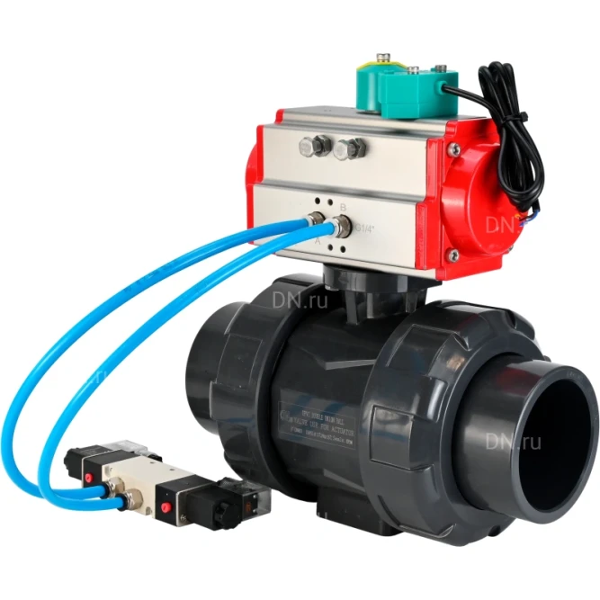 Кран шаровой BV4242E-FP-GRM-ISO Дн25 Ру10 полнопроходной, корпус - НПВХ, шар - НПВХ, уплотнение - EPDM, с пневмоприводом PA-SA-052, пневмораспределителем 4V320-08 AC220V и магнитным переключателем ALS200D в Хабаровске