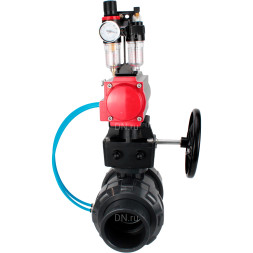 Кран шаровой BV4242E-FP-GRM-ISO Дн32 Ру10 полнопроходной, корпус - НПВХ, шар - НПВХ, уплотнение - EPDM, с пневмоприводом PA-DA-052, пневмораспределителем 4V320-08 AC220V, ручным дублером MON1-250-T26-ISO и БПВ AFC2000