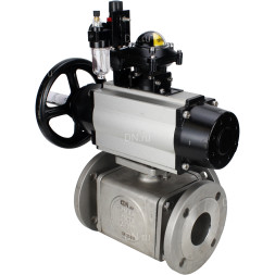 Кран шаровой BV3232P(4pc)-FP-3WL-F Ду100 Ру16 полнопроходной трехходовой, фланцевый, корпус - нержавеющая сталь SS316, с пневмоприводом PA-DA-105-1, пневмораспределителем 4M310-08 DC24V, БКВ APL-210N и БПВ AFC2000