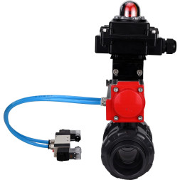 Кран шаровой BV4242E-FP-GRM-ISO Дн40 Ру10 полнопроходной, корпус - НПВХ, шар - НПВХ, уплотнение - EPDM, с пневмоприводом PA-DA-052, пневмораспределителем 4V320-08 AC220V и БКВ APL-410N EX