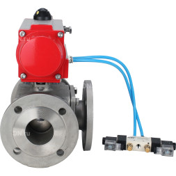 Кран шаровой BV3232P(4pc)-FP-3WL-F Ду20 Ру16 полнопроходной трехходовой, фланцевый, корпус - нержавеющая сталь SS316, с пневмоприводом PA-DA-052 двойного действия и пневмораспределителем 4V320-10 AC220V