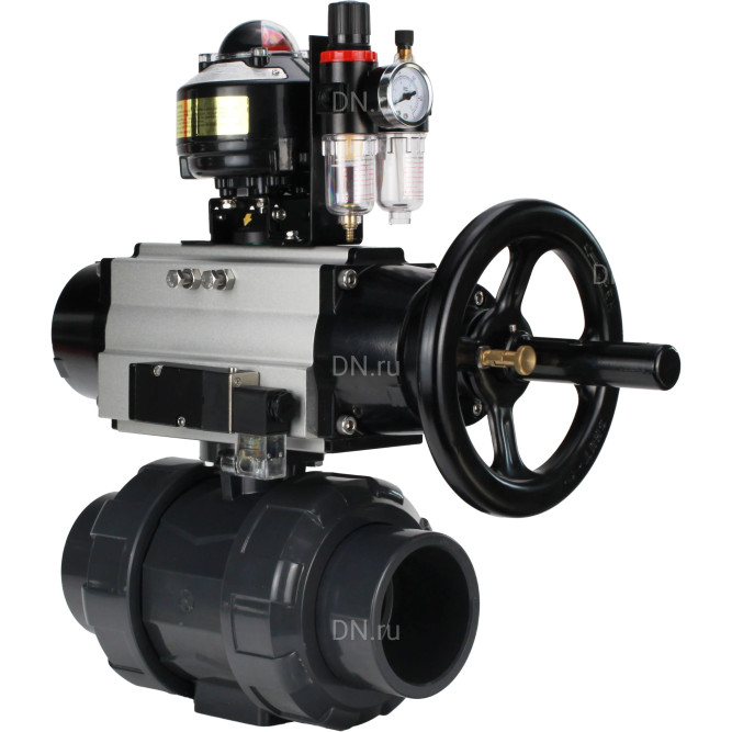 Кран шаровой BV4242E-FP-GRM-ISO Дн25 Ру10 полнопроходной, корпус - НПВХ, шар - НПВХ, уплотнение - EPDM, с пневмоприводом PA-DA-105-1, пневмораспределителем 4M310-08 DC24V, БКВ APL-510N EX и БПВ AFC2000 в Хабаровске