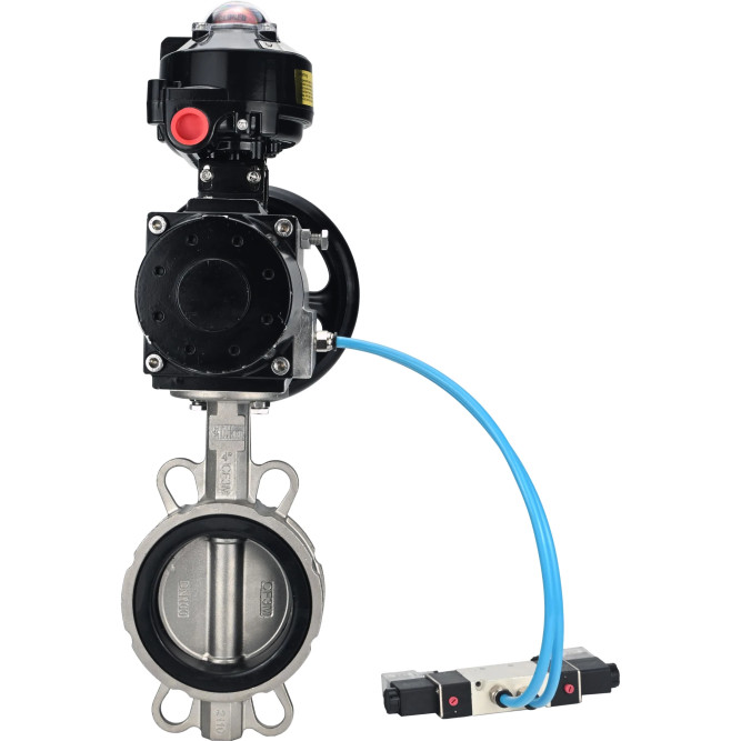 Затвор дисковый поворотный WBV3232N-2W-Fb-H Ду150 Ру16, корпус - нержавеющая сталь 316L, диск - нержавеющая сталь 316L, уплотнение - NBR, с пневмоприводом PA-DA-105-1 двойного действия, с пневмораспределителем 4V320-08 AC220V, с БКВ APL-510N EX в Хабаровске