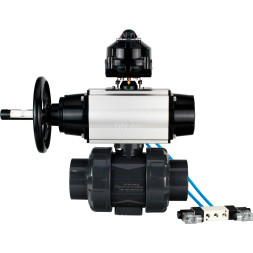 Кран шаровой BV4242E-FP-GRM-ISO Дн100 Ру10 полнопроходной, корпус - НПВХ, шар - НПВХ, уплотнение - EPDM, с пневмоприводом PA-DA-105-1, пневмораспределителем 4V320-10 AC220V и БКВ APL-510N EX