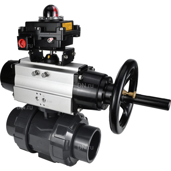 Кран шаровой BV4242E-FP-GRM-ISO Дн15 Ру10 полнопроходной, корпус - НПВХ, шар - НПВХ, уплотнение - EPDM, с пневмоприводом PA-DA-105-1 и БКВ APL-410N EX в Хабаровске