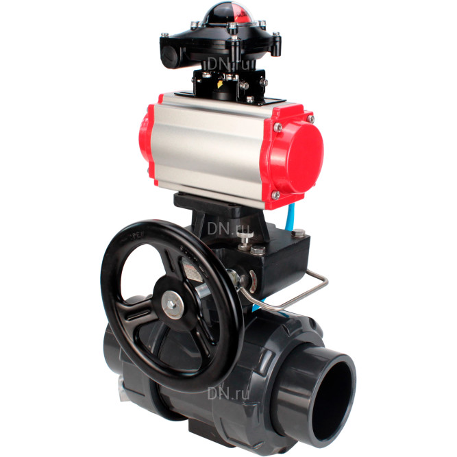 Кран шаровой BV4242E-FP-GRM-ISO Дн20 Ру10 полнопроходной, корпус - НПВХ, шар - НПВХ, уплотнение - EPDM, с пневмоприводом PA-DA-052, пневмораспределителем 4V320-08 AC220V, ручным дублером MON1-250-T26-ISO и БКВ APL-210N в Хабаровске