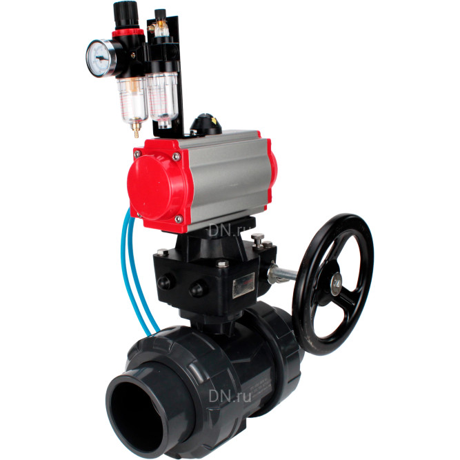 Кран шаровой BV4242E-FP-GRM-ISO Дн80 Ру10 полнопроходной, корпус - НПВХ, шар - НПВХ, уплотнение - EPDM, с пневмоприводом PA-DA-065, пневмораспределителем 4V320-08 AC220V, ручным дублером MON1-250-T26-ISO и БПВ AFC2000 в Хабаровске