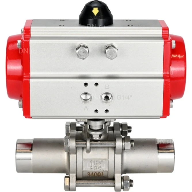 Кран шаровой BV3131P(3pc)-FP-W-ISO-H LONG Ду10 Ру63 полнопроходной, корпус - нержавеющая сталь 304, уплотнение - PTFE, под приварку, с пневмоприводом PA-DA-052 в Хабаровске