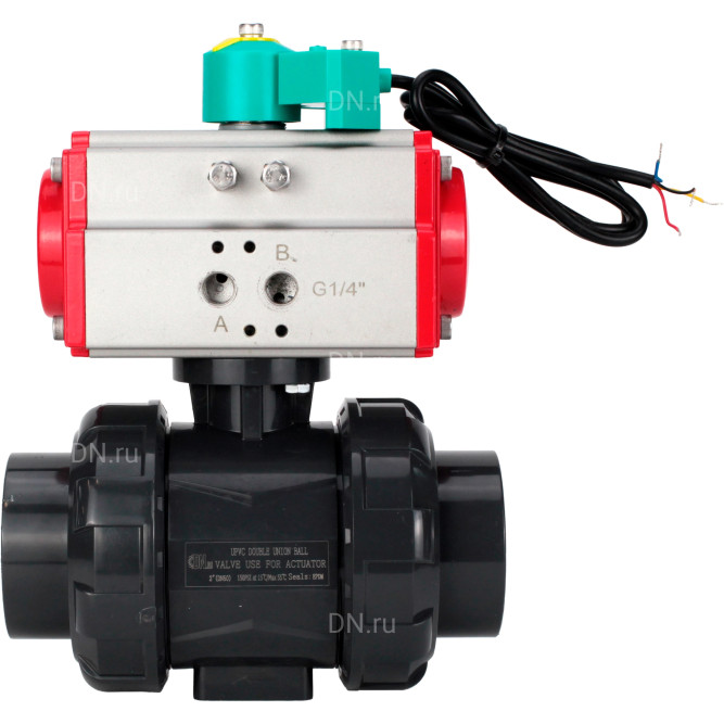 Кран шаровой BV4242E-FP-GRM-ISO Дн15 Ру10 полнопроходной, корпус - НПВХ, шар - НПВХ, уплотнение - EPDM, с пневмоприводом PA-DA-052 и магнитным переключателем ALS200D в Хабаровске