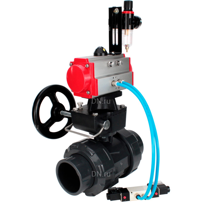 Кран шаровой BV4242E-FP-GRM-ISO Дн15 Ру10 полнопроходной, корпус - НПВХ, шар - НПВХ, уплотнение - EPDM, с пневмоприводом PA-DA-052, пневмораспределителем 4V320-10 AC220V, ручным дублером MON1-250-T26-ISO и БПВ AFC2000 в Хабаровске