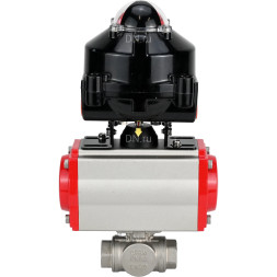 Кран шаровой BV3232P(4pc)-SP-3WL-T-ISO-H 1 1/4″ Ду32 Ру63 стандартнопроходной трехходовой L-тип, нержавеющая сталь SS316, внутренняя резьба, уплотнение - PTFE, с пневмоприводом PA-DA-52 и БКВ APL-510N-EX