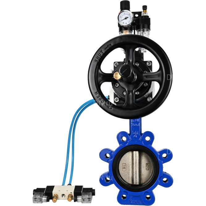 Затвор дисковый поворотный WBV1616E-2W-Fb-H Ду125 Ру16 LUG корпус - чугун QT450, диск - чугун QT450, уплотнение - EPDM, с пневмоприводом PA-DA-105-1, пневмораспределителем 4V320-10 AC220V и БПВ AFC2000 в Хабаровске
