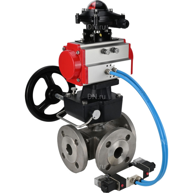 Кран шаровой BV3232P(4pc)-FP-3WL-F Ду20 Ру16 полнопроходной трехходовой, фланцевый, корпус - нержав.сталь SS316, с пневмоприводом PA-DA-052, пневмораспределителем 4V320-08 AC220V, БКВ APL-210N и ручным дублером MON1-250-T26-ISO в Хабаровске