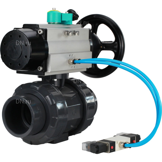 Кран шаровой BV4242E-FP-GRM-ISO Дн25 Ру10 полнопроходной, корпус - НПВХ, шар - НПВХ, уплотнение - EPDM, с пневмоприводом PA-DA-105-1, пневмораспределителем 4V320-08 AC220V и магнитным переключателем ALS200D в Хабаровске