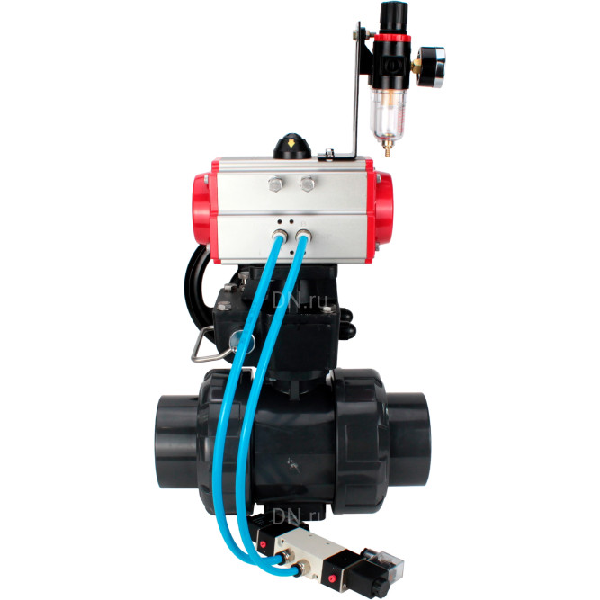 Кран шаровой BV4242E-FP-GRM-ISO Дн32 Ру10 полнопроходной, корпус - НПВХ, шар - НПВХ, уплотнение - EPDM, с пневмоприводом PA-DA-052, пневмораспределителем 4V320-10 AC220V, ручным дублером MON1-250-T26-ISO и БПВ AFC2000 в Хабаровске