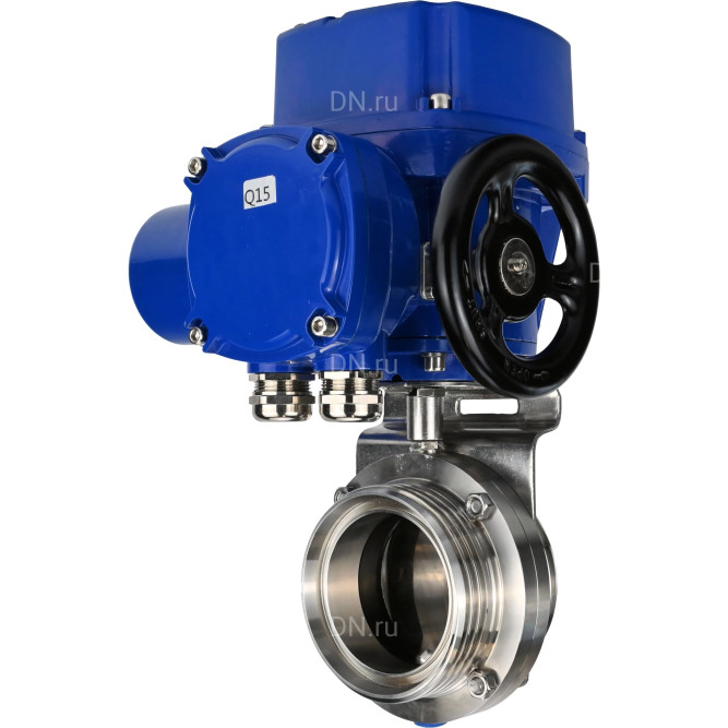 Затвор дисковый поворотный WBV3131E-2W-T-H Ду80 Ру10 резьбовой, корпус - пищевая нержавеющая сталь 304, уплотнение - EPDM, с электроприводом QT-N-005M-O2-380VAC-У1 с моментной муфтой и штурвалом в Хабаровске
