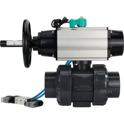 Кран шаровой BV4242E-FP-GRM-ISO Дн32 Ру10 полнопроходной, корпус - НПВХ, шар - НПВХ, уплотнение - EPDM, с пневмоприводом PA-DA-105-1, пневмораспределителем 4V320-08 AC220V и магнитным переключателем ALS200D