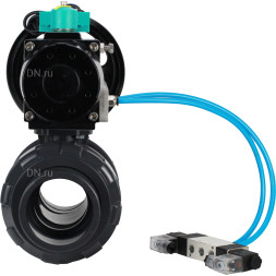 Кран шаровой BV4242E-FP-GRM-ISO Дн32 Ру10 полнопроходной, корпус - НПВХ, шар - НПВХ, уплотнение - EPDM, с пневмоприводом PA-DA-105-1, пневмораспределителем 4V320-08 AC220V и магнитным переключателем ALS200D
