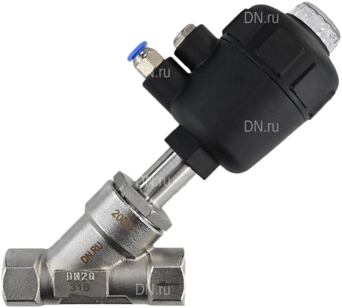 Клапан отсечной пневматический VSP3241P-T-1PNC Ду20 Ру25, корпус - нержавеющая сталь SS316, резьбовой, Y-образный, корпус привода - пластик в Хабаровске