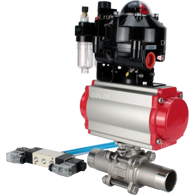 Кран шаровой BV3131P(3pc)-FP-W-ISO-H LONG Ду150 Ру16 полнопроходной, корпус - нержавеющая сталь 304, уплотнение - PTFE, под приварку, с пневмоприводом PA-DA-140, пневмораспределителем 4V320-10 AC220V, БКВ APL-510N EX и БПВ AFC2000 в Хабаровске