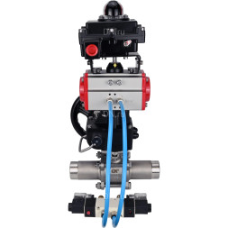 Кран шаровой BV3131P(3pc)-FP-W-ISO-H LONG Ду15 Ру63, полнопроходной, нержавеющая сталь 304, уплотнение - PTFE, под приварку, с пневмоприводом PA-DA-052, с пневмораспределителем 4V320-10 AC220V, БКВ APL-410N Ex, ручным дублером MON1-250-T26-ISO