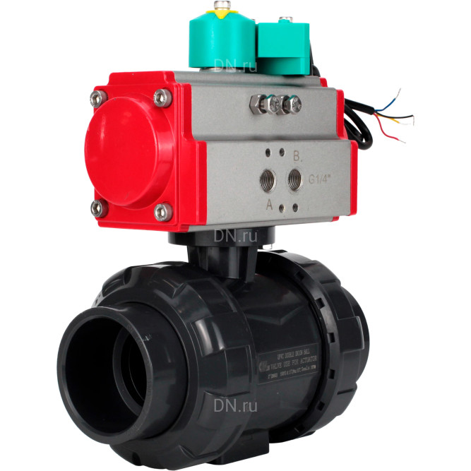 Кран шаровой BV4242E-FP-GRM-ISO Дн80 Ру10 полнопроходной, корпус - НПВХ, шар - НПВХ, уплотнение - EPDM, с пневмоприводом PA-DA-065 и магнитным переключателем ALS200D в Хабаровске