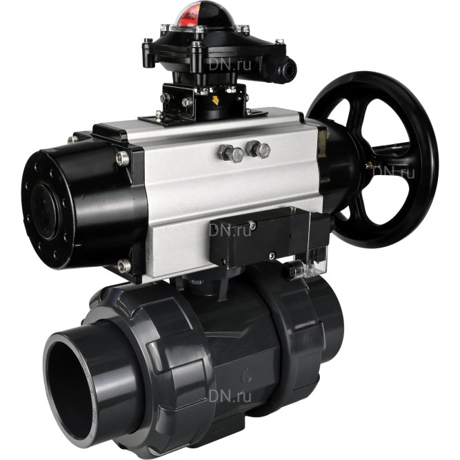 Кран шаровой BV4242E-FP-GRM-ISO Дн40 Ру10 полнопроходной, корпус - НПВХ, шар - НПВХ, уплотнение - EPDM, с пневмоприводом PA-DA-105-1, пневмораспределителем 4M310-08 DC24V и БКВ APL-210N в Хабаровске