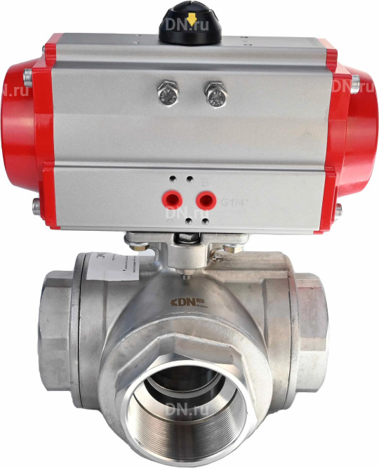 Кран шаровой BV3232P(4pc)-SP-3WL-T-ISO-H Ду50 Ру63 стандартнопроходной L-тип, трехходовой, нержавеющая сталь SS316, внутренняя резьба, уплотнение - PTFE, с пневмоприводом PA-DA-65 двойного действия в Хабаровске