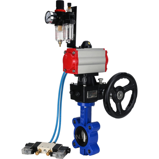 Затвор дисковый поворотный WBV1631E-2W-Fb-H Ду100 Ру16 LUG корпус - чугун QT450, диск - нержавеющая сталь 304, уплотнение - EPDM, с пневмоприводом PA-DA-083, пневмораспределителем 4V320-10 AC220V, редуктором MON2-450-T28-ISO и БПВ AFC2000 в Хабаровске