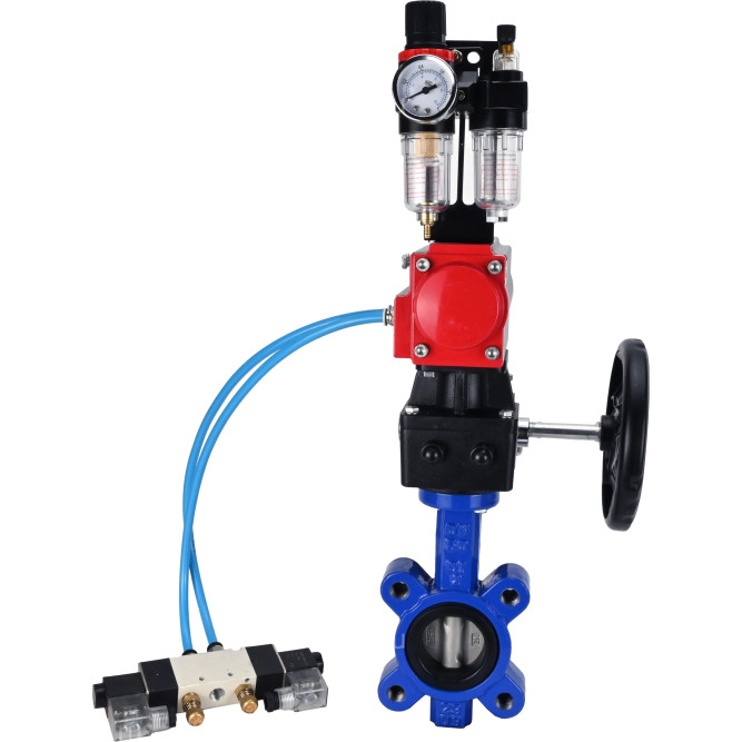 Затвор дисковый поворотный WBV1631E-2W-Fb-H Ду100 Ру16 LUG корпус - чугун QT450, диск - нержавеющая сталь 304, уплотнение - EPDM, с пневмоприводом PA-DA-083, пневмораспределителем 4V320-10 AC220V, редуктором MON2-450-T28-ISO и БПВ AFC2000 в Хабаровске
