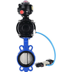 Затвор дисковый поворотный WBV1432N-2W-Fb-H Ду125 Ру16, корпус - чугун GGG50, диск - нержавеющая сталь 316L, уплотнение - NBR, с пневмоприводом PA-DA-105-1 двойного действия, с пневмораспределителем 4V320-08 AC220V, с БКВ APL-510N-EX