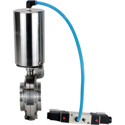 Затвор дисковый поворотный WBV3131E-2W-W-H Ду32 Ру10 под приварку, пищевая нержавеющая сталь 304, уплотнение – EPDM, с пневмоприводом PA-SA-85 и пневмораспределителем 4V320-08 AC220V