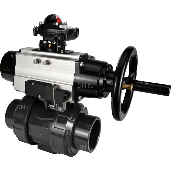 Кран шаровой BV4242E-FP-GRM-ISO Дн65 Ру10 полнопроходной, корпус - НПВХ, шар - НПВХ, уплотнение - EPDM, с пневмоприводом PA-DA-105-1, пневмораспределителем 4M310-08 DC24V и БКВ APL-210N в Хабаровске