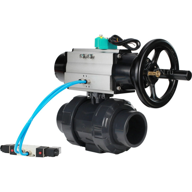 Кран шаровой BV4242E-FP-GRM-ISO Дн100 Ру10 полнопроходной, корпус - НПВХ, шар - НПВХ, уплотнение - EPDM, с пневмоприводом PA-DA-105-1, пневмораспределителем 4V320-08 AC220V и магнитным переключателем ALS200D в Хабаровске