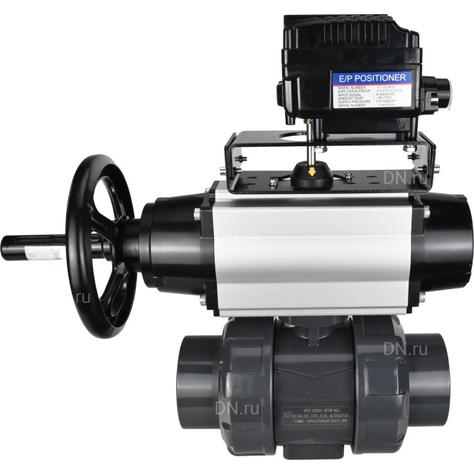 Кран шаровой BV4242E-FP-GRM-ISO Дн20 Ру10 полнопроходной, корпус - НПВХ, шар - НПВХ, уплотнение - EPDM, с пневмоприводом PA-DA-105-1 и пневмопозиционером YT-1000RSN с обратной связью в Хабаровске