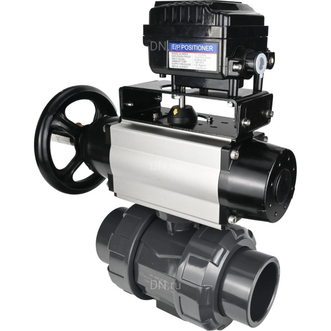 Кран шаровой BV4242E-FP-GRM-ISO Дн20 Ру10 полнопроходной, корпус - НПВХ, шар - НПВХ, уплотнение - EPDM, с пневмоприводом PA-DA-105-1 и пневмопозиционером YT-1000RSN с обратной связью в Хабаровске