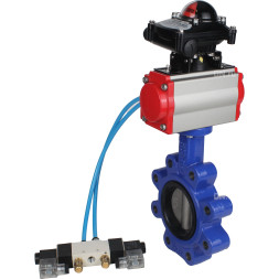 Затвор дисковый поворотный WBV1631E-2W-Fb-H Ду125 Ру16 LUG корпус - чугун QT450, диск - нержавеющая сталь 304, уплотнение - EPDM, с пневмоприводом PA-DA-105, пневмораспределителем 4V320-08 AC220V и БКВ APL-210N