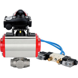 Кран шаровой BV3232P(4pc)-SP-3WL-T-ISO-H Ду25 Ру63, стандартнопроходной, четырехсоставной, корпус - нержавеющая сталь 316, уплотнение - PTFE, внутренняя резьба, с пневмоприводом PA-SA-052, пневмораспределителем 4V320-10 AC220V, БКВ APL-210N