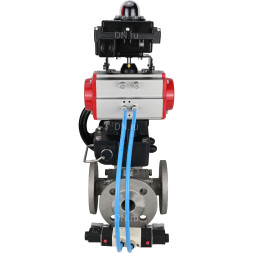 Кран шаровой BV3232P(4pc)-FP-3WL-F Ду25 Ру16 полнопроходной трехходовой, фланцевый, нержав.сталь SS316, с пневмоприводом PA-DA-052 двойн.действия, пневмораспределителем 4V320-10 AC220V, БКВ APL-410N EX и ручным дублером MON1-250-T26-ISO
