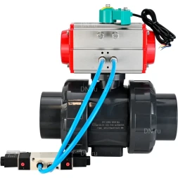 Кран шаровой BV4242E-FP-GRM-ISO Дн20 Ру10 полнопроходной, корпус - НПВХ, шар - НПВХ, уплотнение - EPDM, с пневмоприводом PA-DA-052, пневмораспределителем 4V320-10 AC220V и магнитным переключателем ALS200D