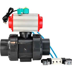 Кран шаровой BV4242E-FP-GRM-ISO Дн20 Ру10 полнопроходной, корпус - НПВХ, шар - НПВХ, уплотнение - EPDM, с пневмоприводом PA-DA-052, пневмораспределителем 4V320-10 AC220V и магнитным переключателем ALS200D