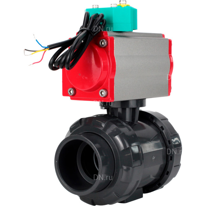 Кран шаровой BV4242E-FP-GRM-ISO Дн32 Ру10 полнопроходной, корпус - НПВХ, шар - НПВХ, уплотнение - EPDM, с пневмоприводом PA-SA-052 и магнитным переключателем ALS200D в Хабаровске