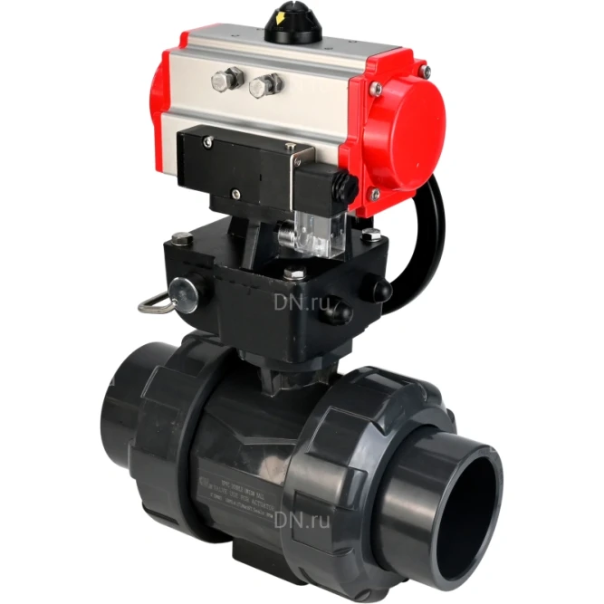 Кран шаровой BV4242E-FP-GRM-ISO Дн40 Ру10 полнопроходной, корпус - НПВХ, шар - НПВХ, уплотнение - EPDM, с пневмоприводом PA-DA-052, пневмораспределителем 4M310-08 AC220V и ручным дублером MON1-250-T26-ISO в Хабаровске