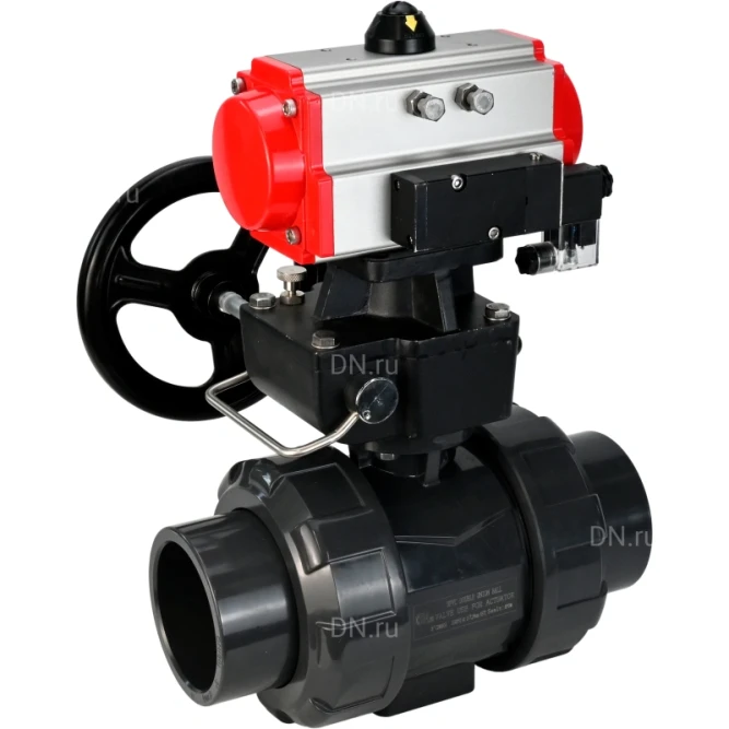 Кран шаровой BV4242E-FP-GRM-ISO Дн40 Ру10 полнопроходной, корпус - НПВХ, шар - НПВХ, уплотнение - EPDM, с пневмоприводом PA-DA-052, пневмораспределителем 4M310-08 AC220V и ручным дублером MON1-250-T26-ISO в Хабаровске