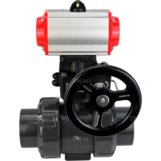 Кран шаровой BV4242E-FP-GRM-ISO Дн40 Ру10 полнопроходной, корпус - НПВХ, шар - НПВХ, уплотнение - EPDM, с пневмоприводом PA-DA-052, пневмораспределителем 4M310-08 AC220V и ручным дублером MON1-250-T26-ISO в Хабаровске